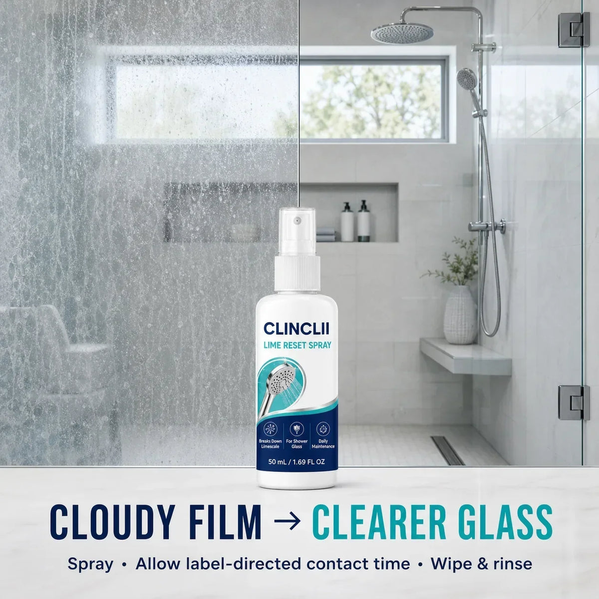 Bathroom glass cleaning with Lime Reset Spray